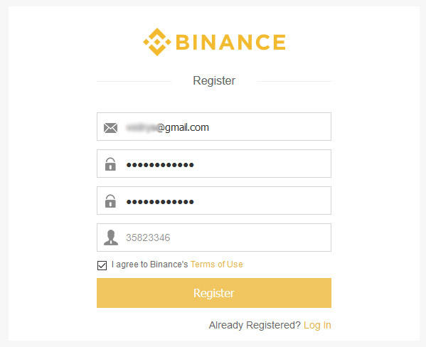 Форма регистрации на бирже Binance