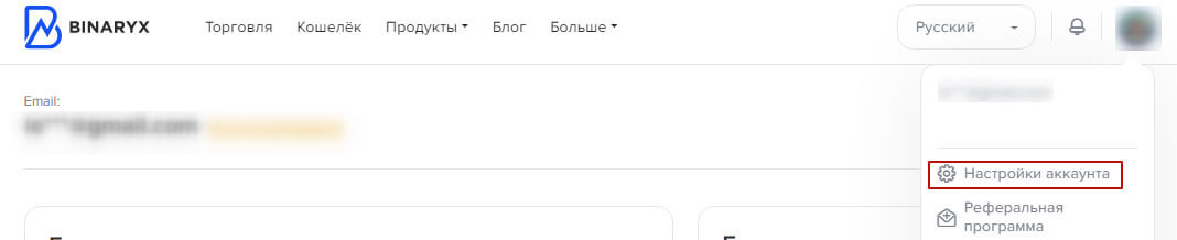 Настройки аккаунта на бирже Binaryx